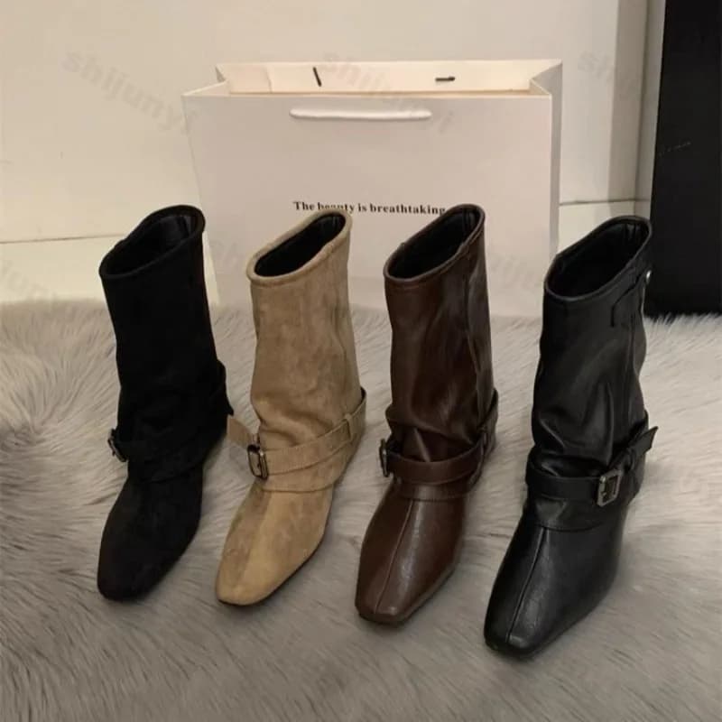 Women's boots 2025 Autumn New Fashion Retro Square Toe Women's ankle boots in synthetic leather Outdoor boots Botas Mujer