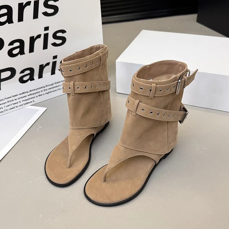 Vintage Toe Clip Cooling Boots Women's Summer 2026 New Cutout Roman Boots with Belt Buckle Wedge Sandals