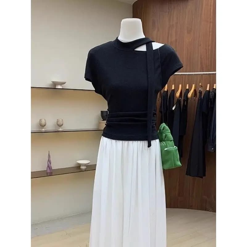 Elegant Pure Color Short Sleeve T-Shirt Women's Spring Summer New Style Belt Design Shoulder Bared Slim Fit Elastic Top