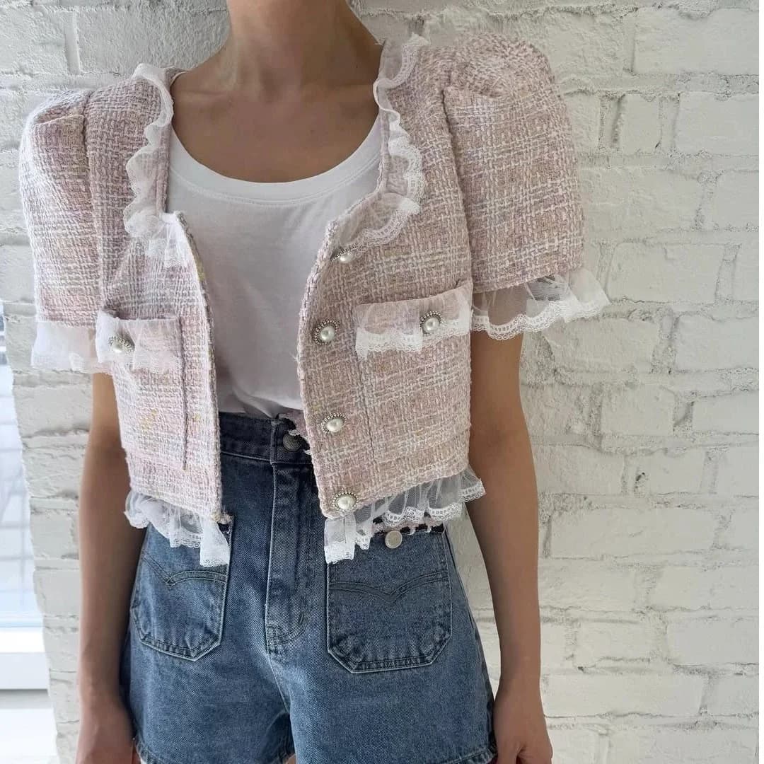 Korean Style Summer New Square Collar Lace Hem Fragrance Style Jacket Short Outerwear Women's Fashion Bubble Sleeve Regular T...