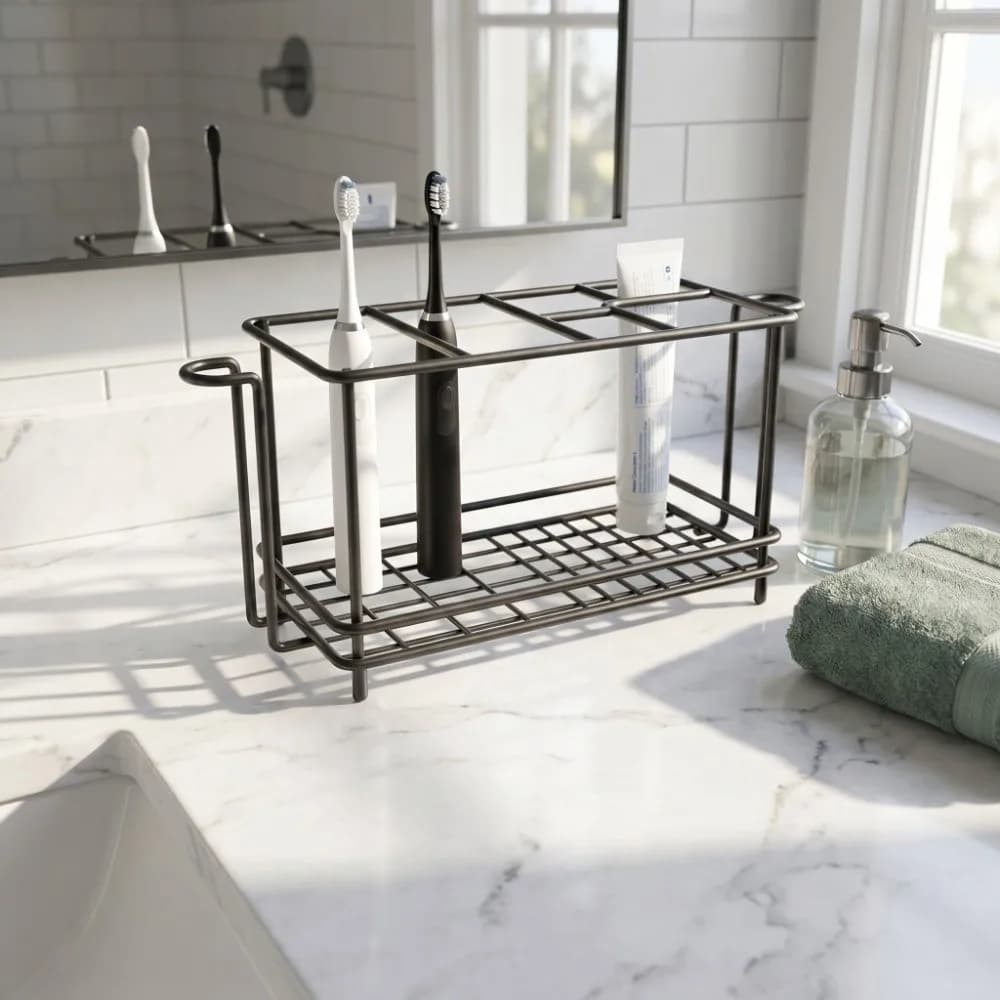Portaspazzolino Multi-Slot Antiscivolo con Portabicchieri, Organizzatore da Bagno in Acciaio al Carbonio Antiruggine, Supporto per Spazzolino Elettrico