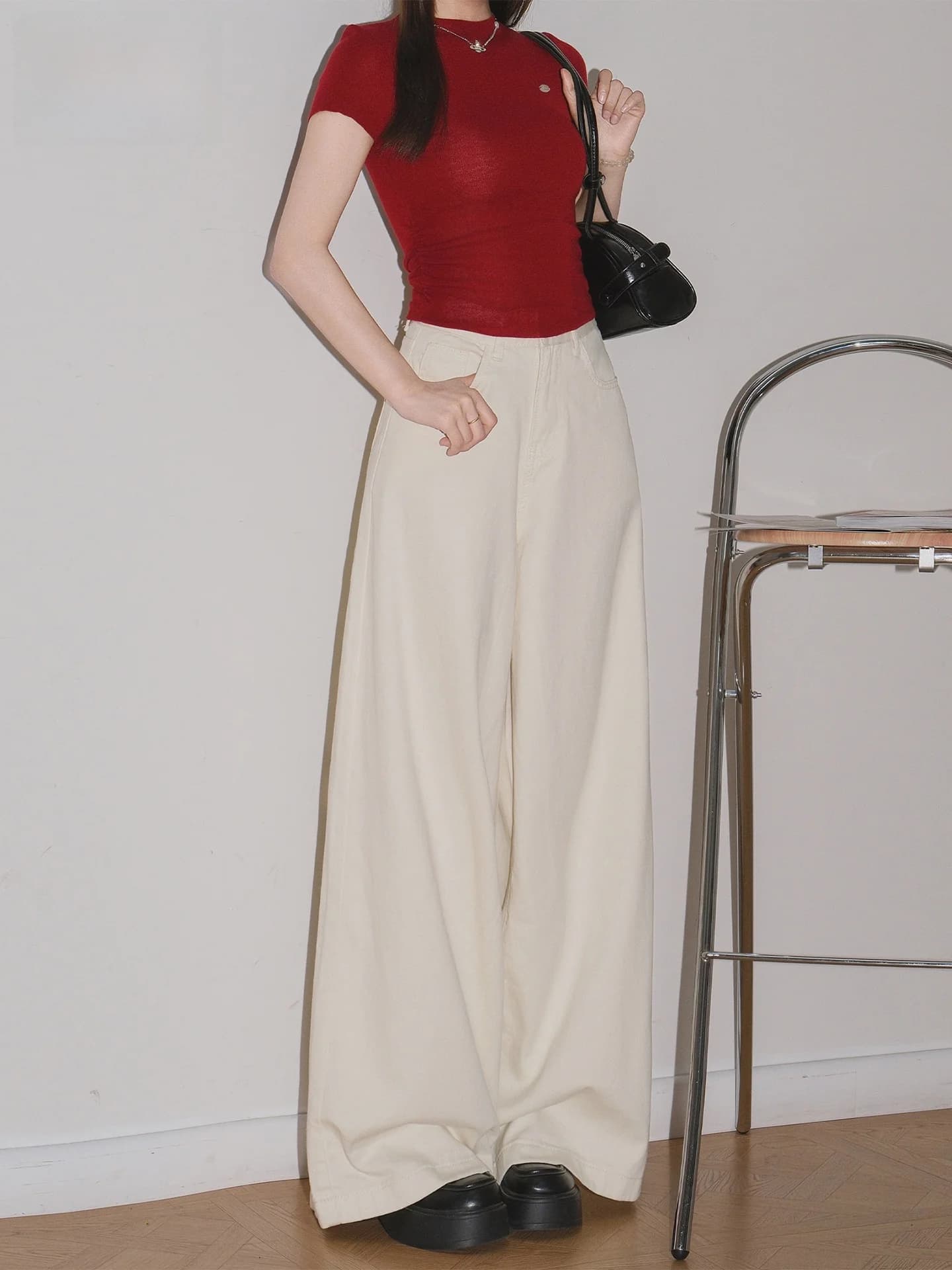 American Style High Waist Wide Leg Jeans Women's Summer Slimming Loose Draping Floor-Length Swing Pants Light Beige