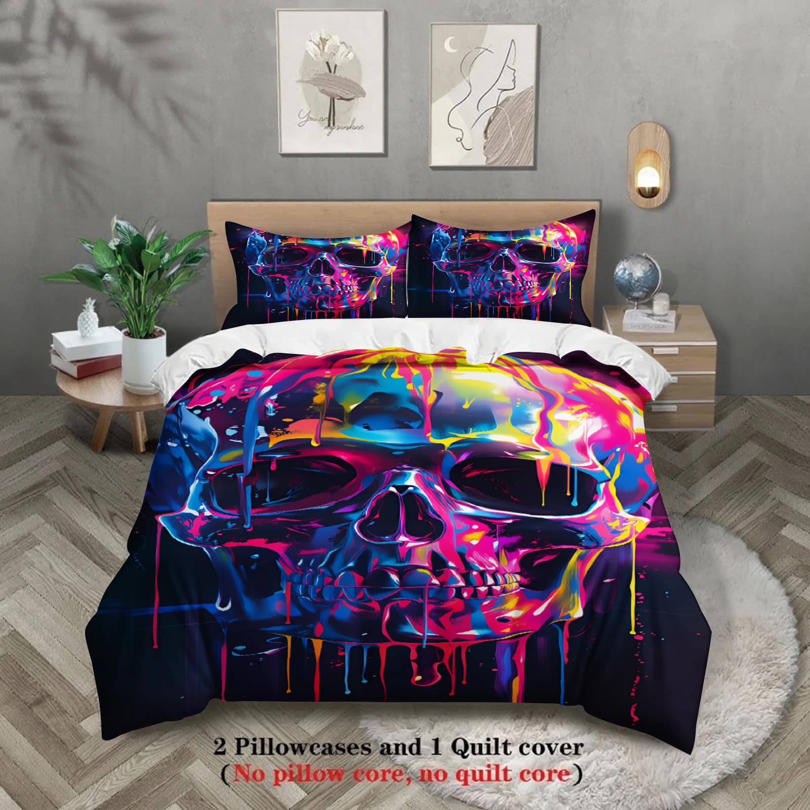 Set di biancheria da letto con teschio, 3 pezzi, stampa 3D, colorato, effetto pittura a goccia, resistente alle pieghe, durevole, con federe, senza imbottitura