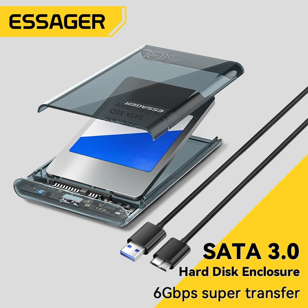 Essager 2.5 pollici SATA Box USB3.0 SSD Shell SATA HDD Box Enclosure 6Gbps Hard Disk esterno Disk Box cavo Extra Hard Disk Case