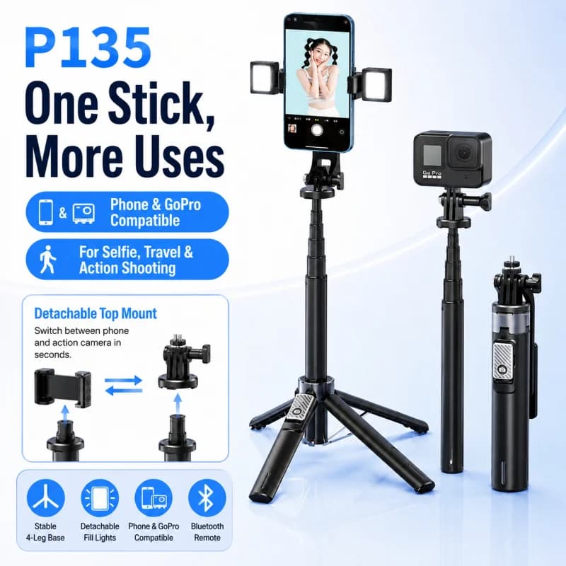 P135 4-Leg Bluetooth Selfie Stick Tripod, Universal Phone Stand Compatible with GoPro, 360° Rotating Stable Live Streaming Tripo