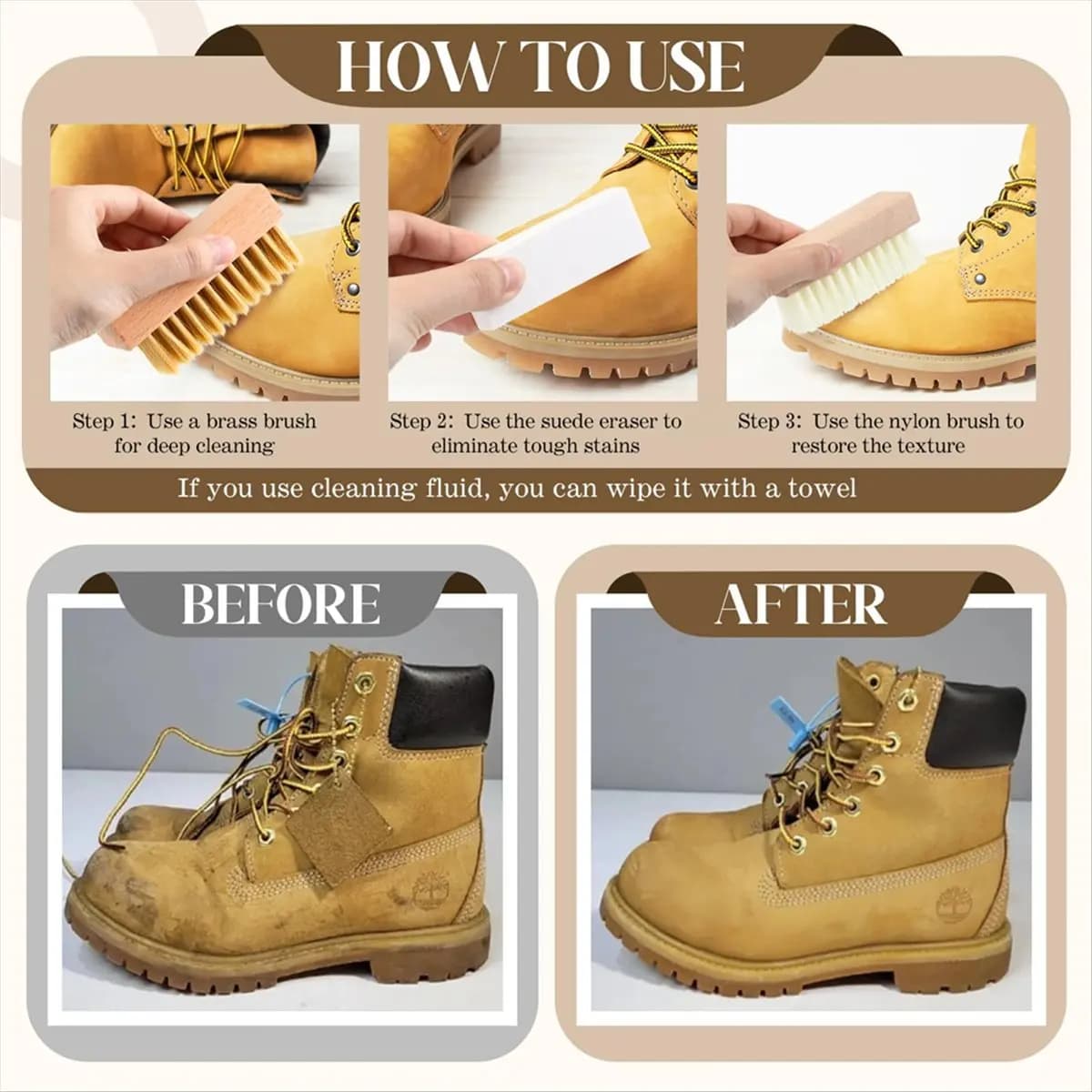 A77K 5 Piece Suede and Nubuck Cleaning Kit with Brass & Nylon Brushes, 2 Suede Eraser, Microfiber Towel for Shoes, Boots,Bags