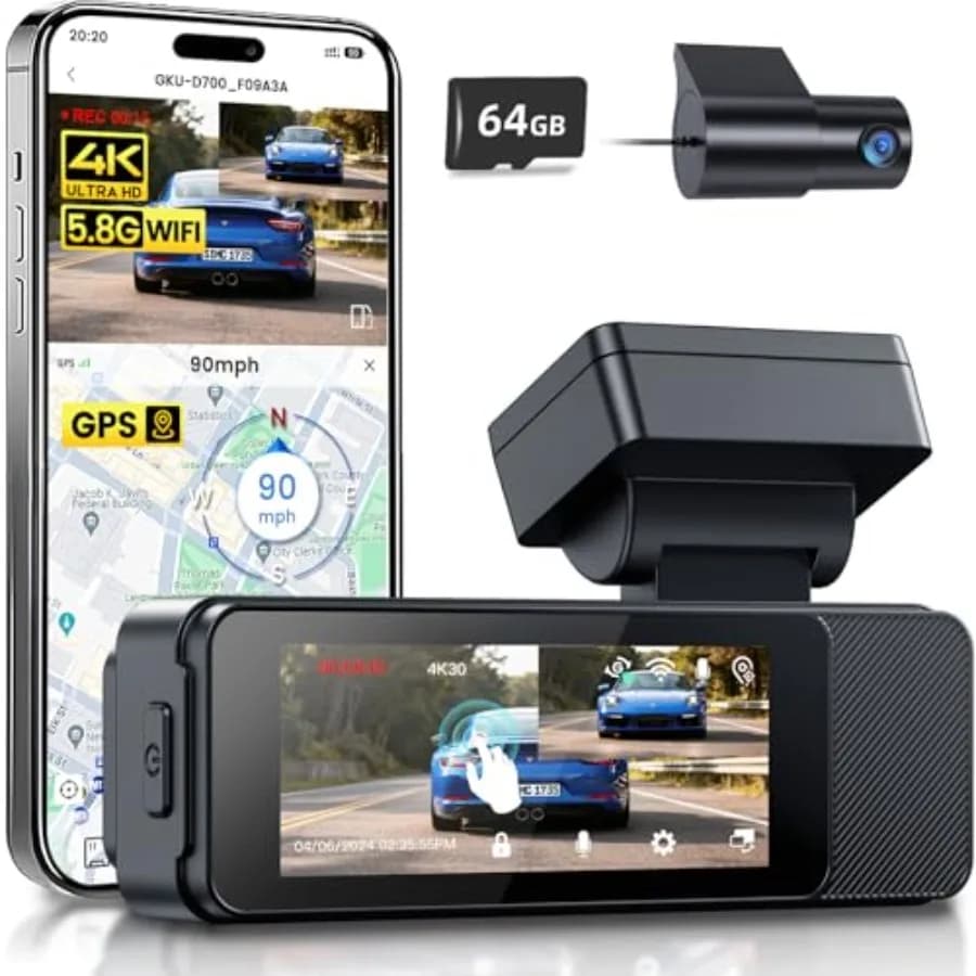 Car dash cam system with front and rear cameras, ABS plastic body, black color, 4K+1080P resolution, touchscreen, built-in GPS,