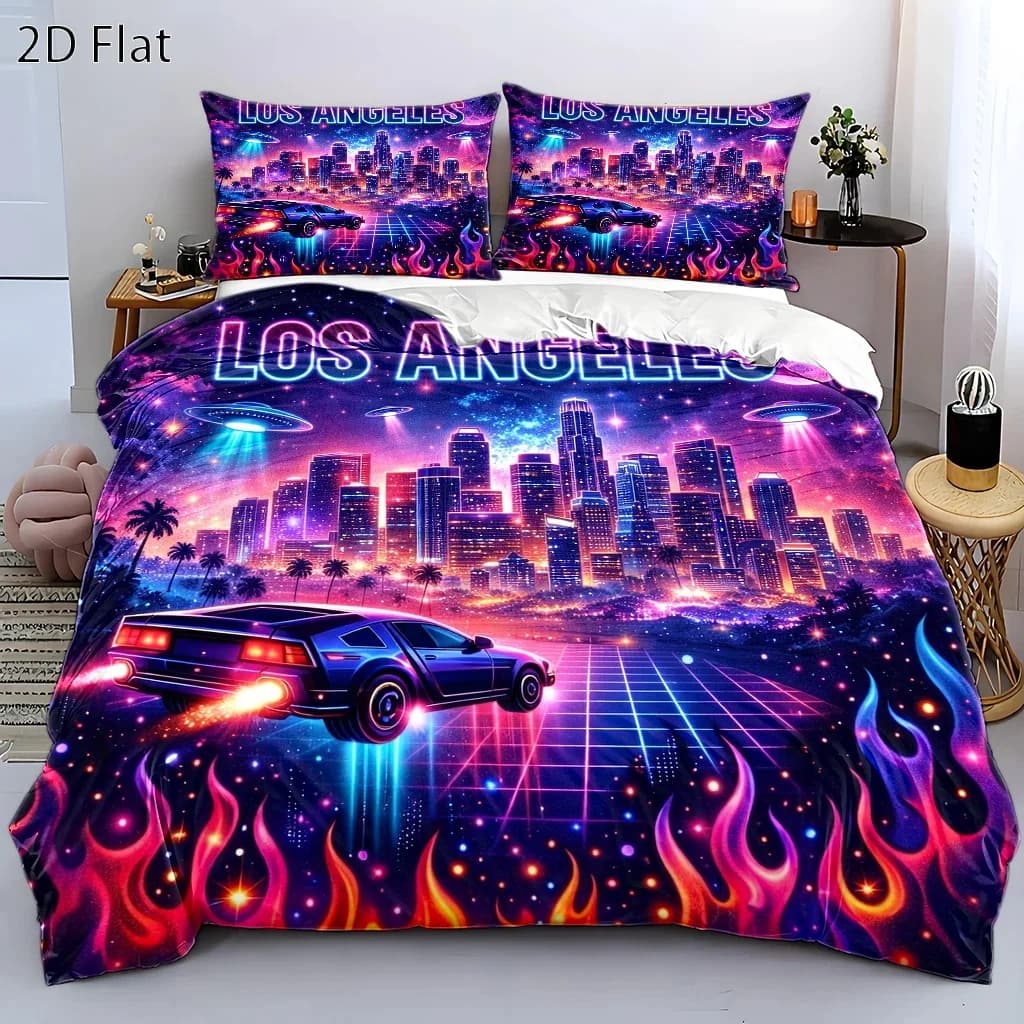 3Pc Cyberpunk Los Angeles Themed Duvet Cover Set, Three-Piece Bedding Set (1*Duvet Cover + 2*Pillowcases), Suitable for All Seasons, Machine Washable, with Invisible Zipper, Large Double Bed Cover, Suitable for Home, Dormitory, Master Bedroom, Guest Room, Retro-Futuristic Neon City Sports Car Ufo Print Bedding Set, Trendy and Unique Bedroom Decor Bedding Set, Three-Piece Set