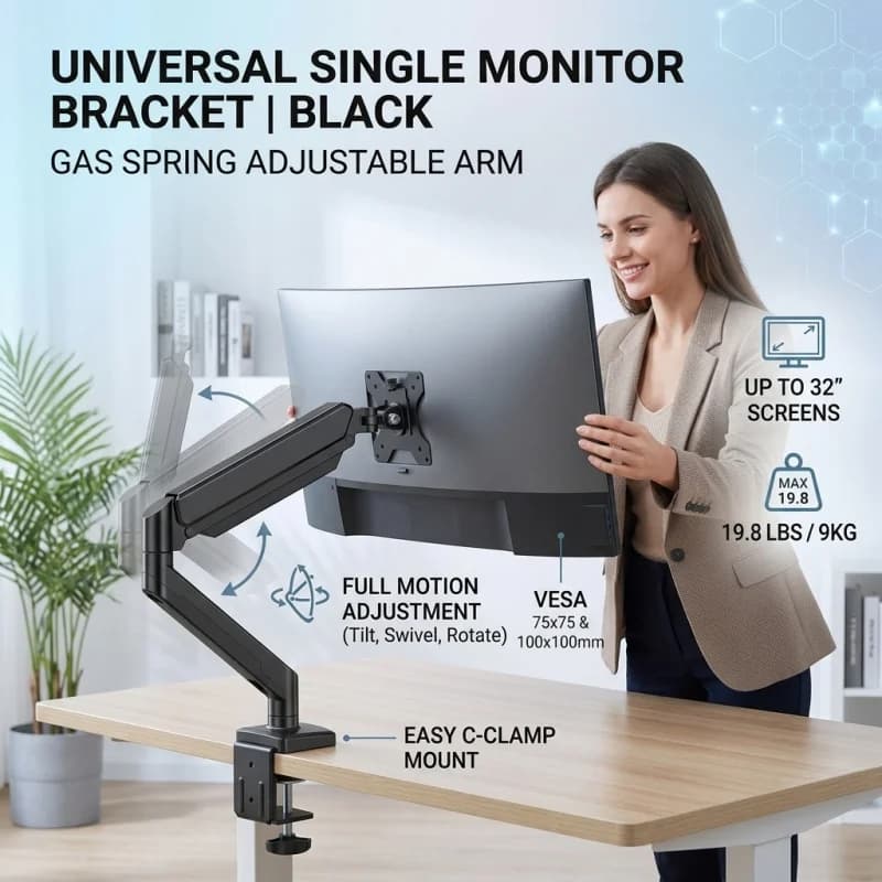 Supporto da scrivania regolabile per monitor singolo fino a 32 pollici, braccio per monitor con supporto robusto
