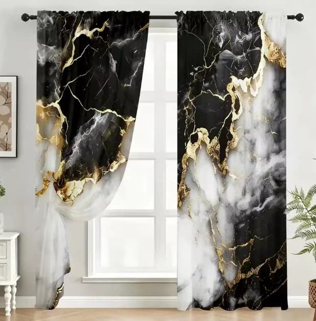 2PC Black Gold Marble Vein Sheer Curtains - Modern Luxe Textured Print Window Drapes for Living Room Bedroom Decor