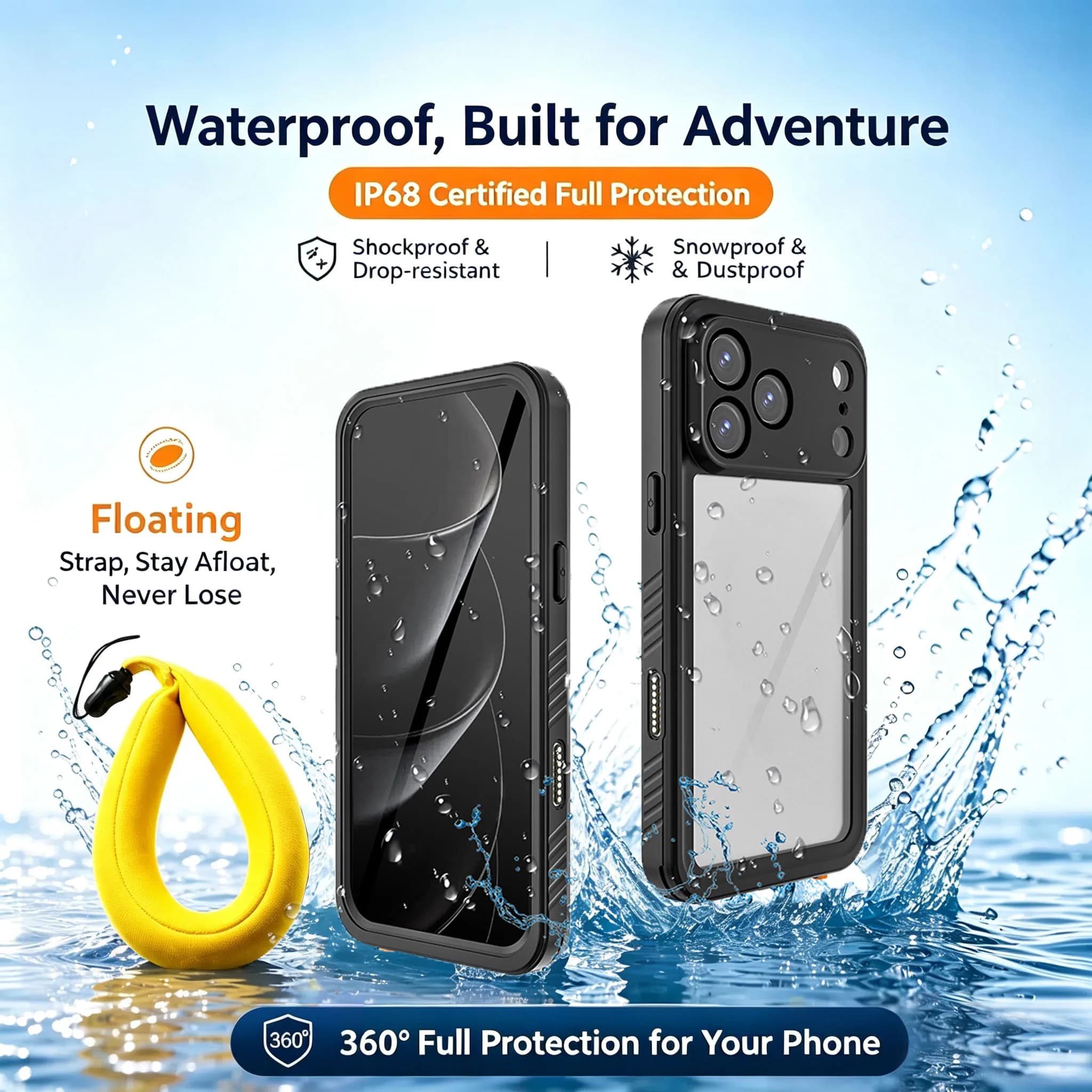 360°all inclusive IP68 waterproof case for iPhone 17 16 15 14 13 Pro Max Underwater photography Floating wristband phone case