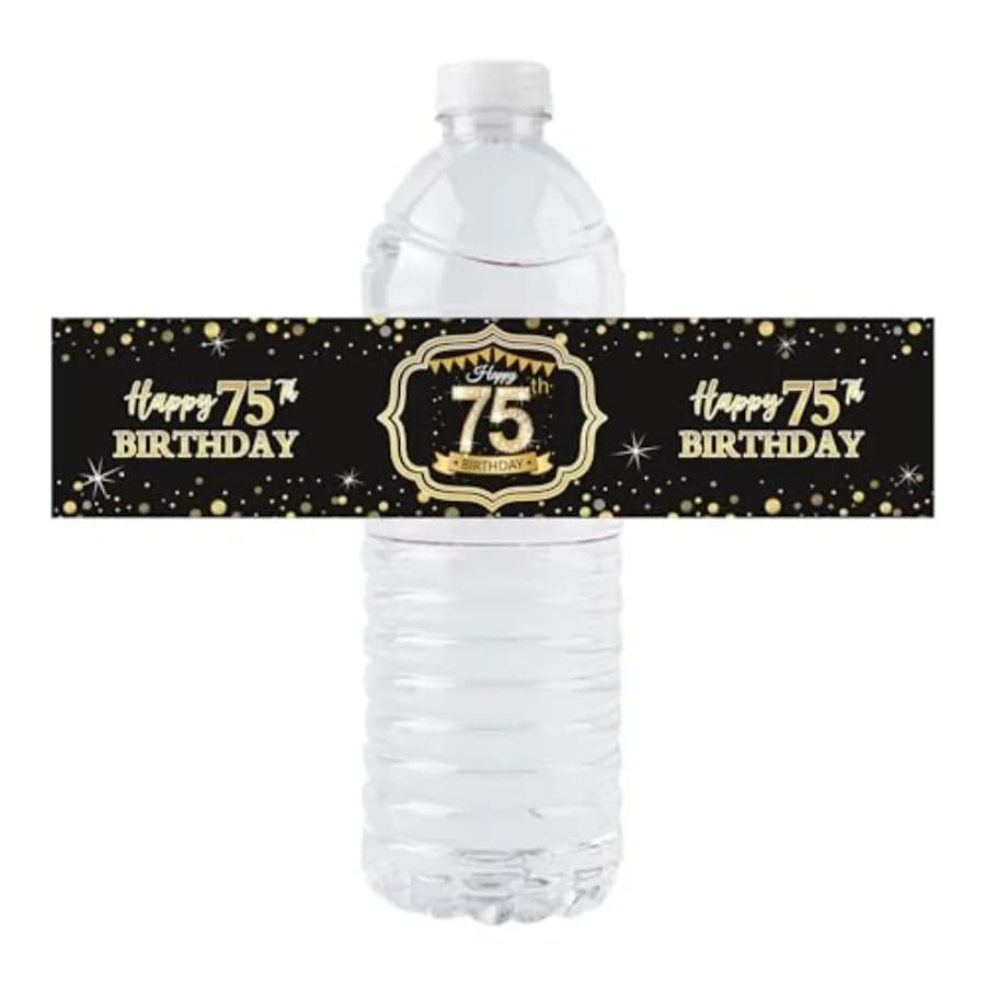 36 Pack of Black Gold Happy 75th Birthday Watter Bottle Label Stickers for 75th Birthday Party Decoration
