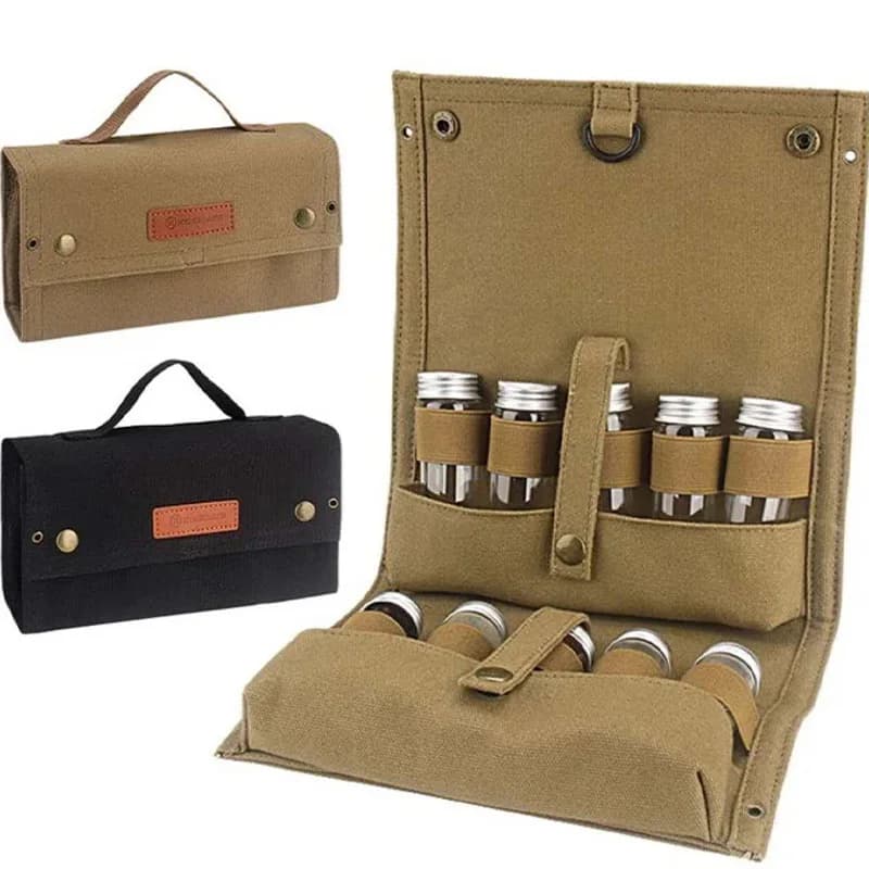 Camping Spice Kit 10 Glass Bottles with 16oz Canvas Bag Portable Seasoning Set for Outdoor BBQ Hiking