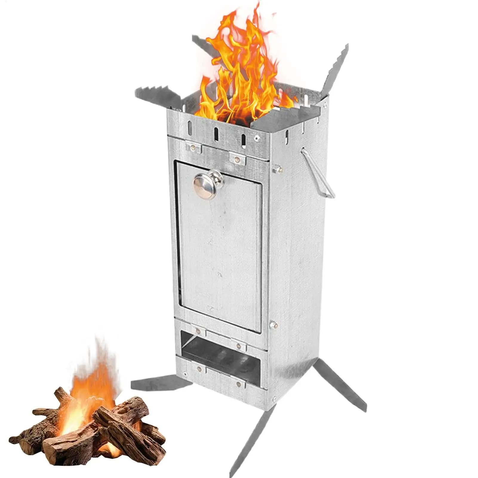 Stove Rocket Folding Wood Rust with Handle for Camping, BBQ, Hunting, Garden, Patio, Picnic, Exterior Heater