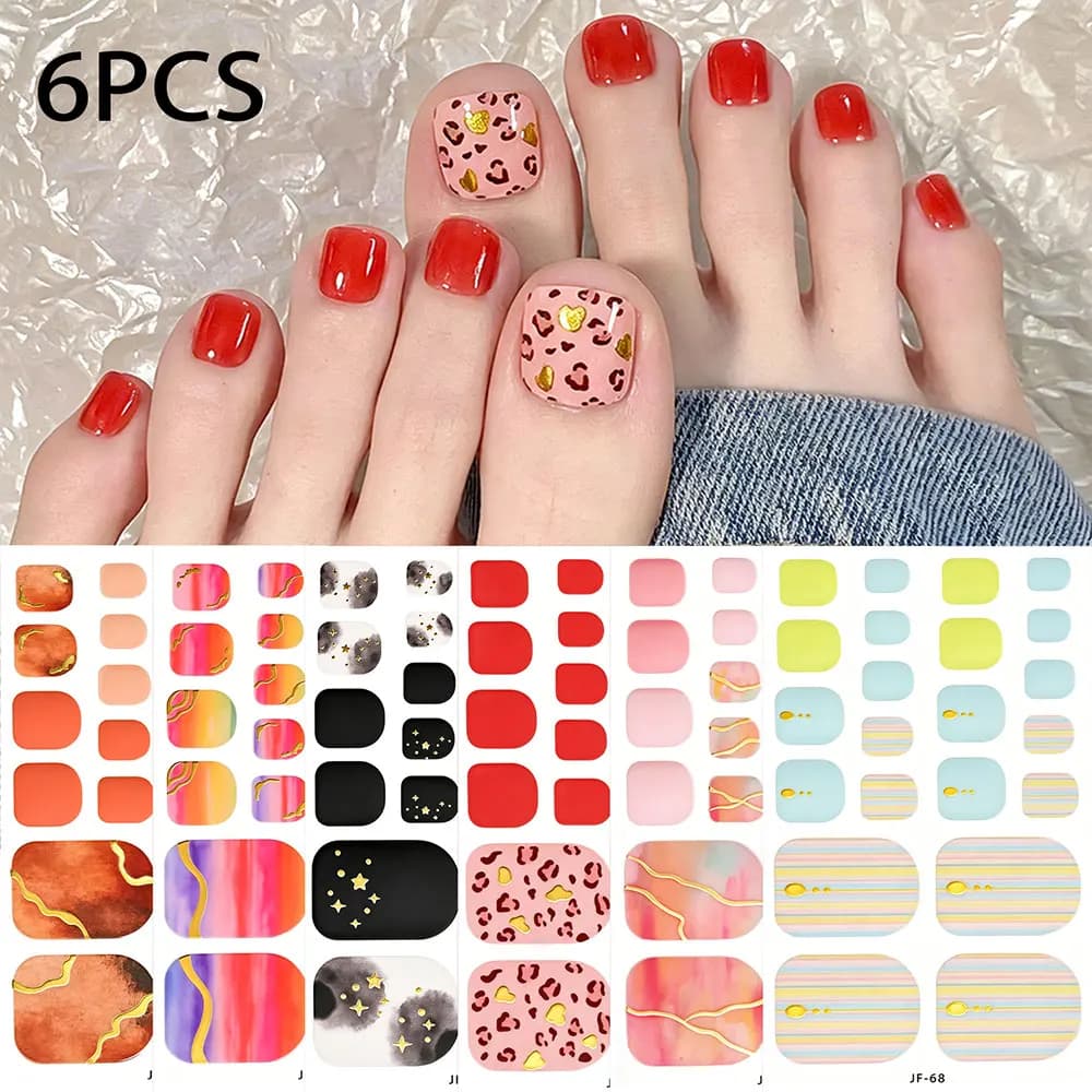 6sheets Leopard print & Marble Design Toenail Stickers French Gold Line Full Cover Nail Strips Self-Adhesive Toenails Gel Decals