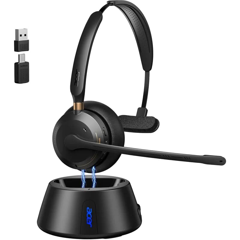 Cuffie Wireless Acer con Microfono per Lavoro, Cancellazione del Rumore AI ENC per Chiamate Chiare, Cuffie Monoaurali per Riunioni con Base di Ricarica