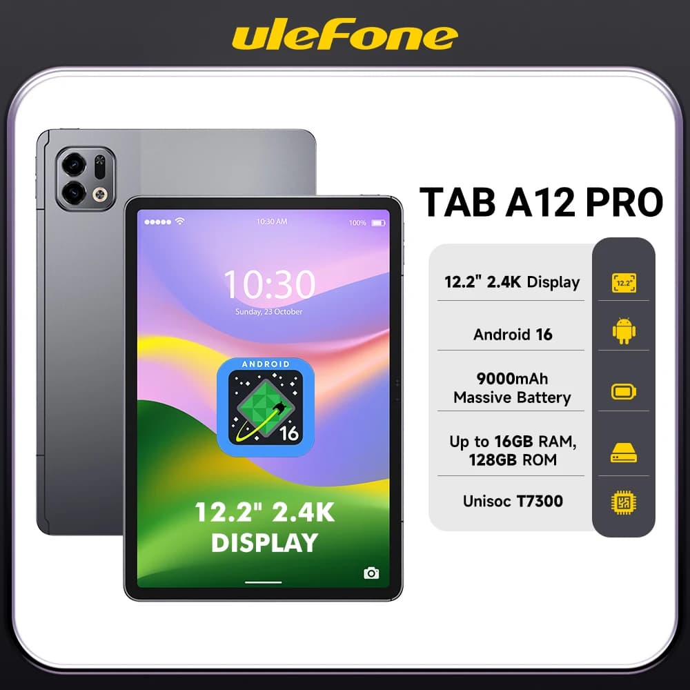 Ulefone Tab A12 Pro 4G Tablet 12.2" 2.4K Android 16 Up to 16GB RAM 128GB ROM 9000mAh Quad Speakers Widevine L1 for Study Work