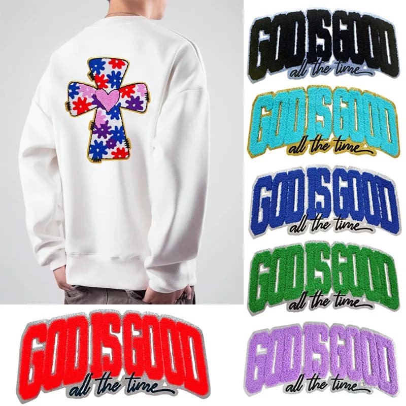 1pc God Is Good Ricamo Toppe da stiro Applique Ferro su lettere in ciniglia Distintivi incrociati per vestiti Scarpe Borse Accessori