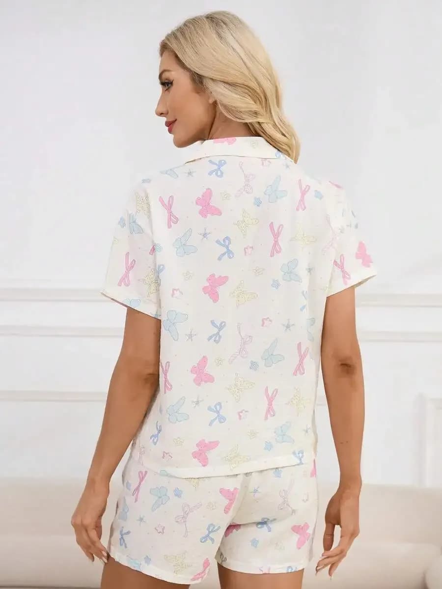 2pcs Womens Spring Summer Pajama Set Printed Button-Up Short Sleeve Top And Shorts