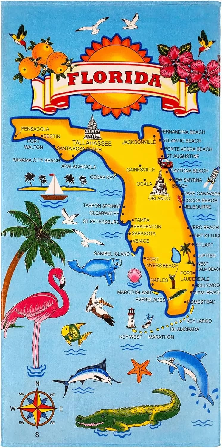 Asciugamano da spiaggia con fenicotteri Mappa della Florida, asciugamano da bagno assorbente in cotone souvenir tropicale per piscine e vacanze in viaggio