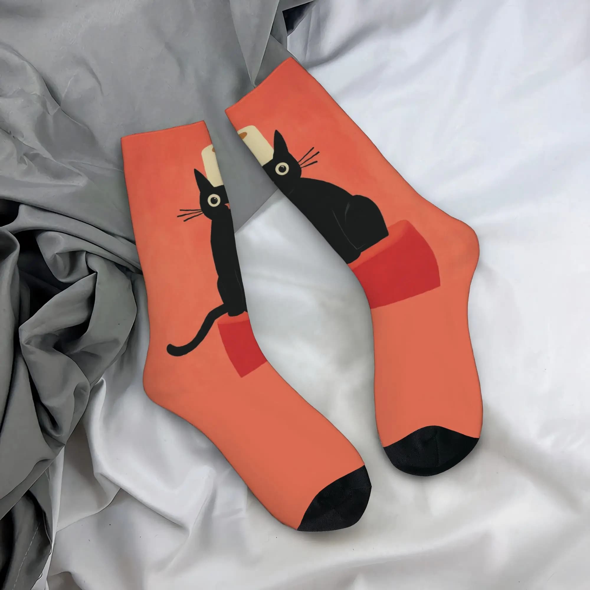 Custom Black Cat with Toilet Paper Men Women Crew Socks Unisex Fun Spring Summer Autumn Winter Dress Socks