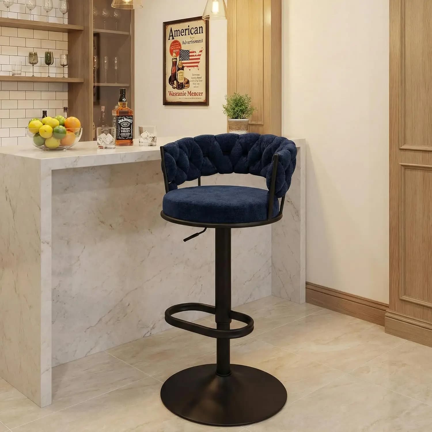 Sgabello da bar girevole singolo, sgabello da bancone regolabile in altezza con schienale intrecciato, gambe in metallo e ampio poggiapiedi, rivestimento in ciniglia