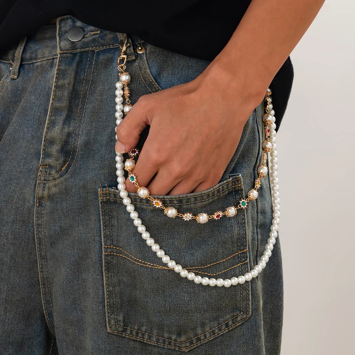 Catena per Jeans con Perle e Strass a Forma di Girasole, Trendy 2025, Portachiavi Unisex, Catena per Pantaloni Hipster, Gioielli Hiphop Y2K