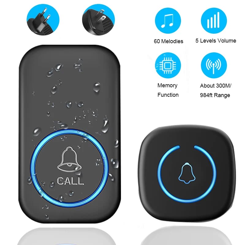 IP44 Wireless Doorbell Waterproof Smart Home, Smart Home Welcome Doorbell 300M Doorbell 60 Songs Kit Smart House Doorbell USA/EU