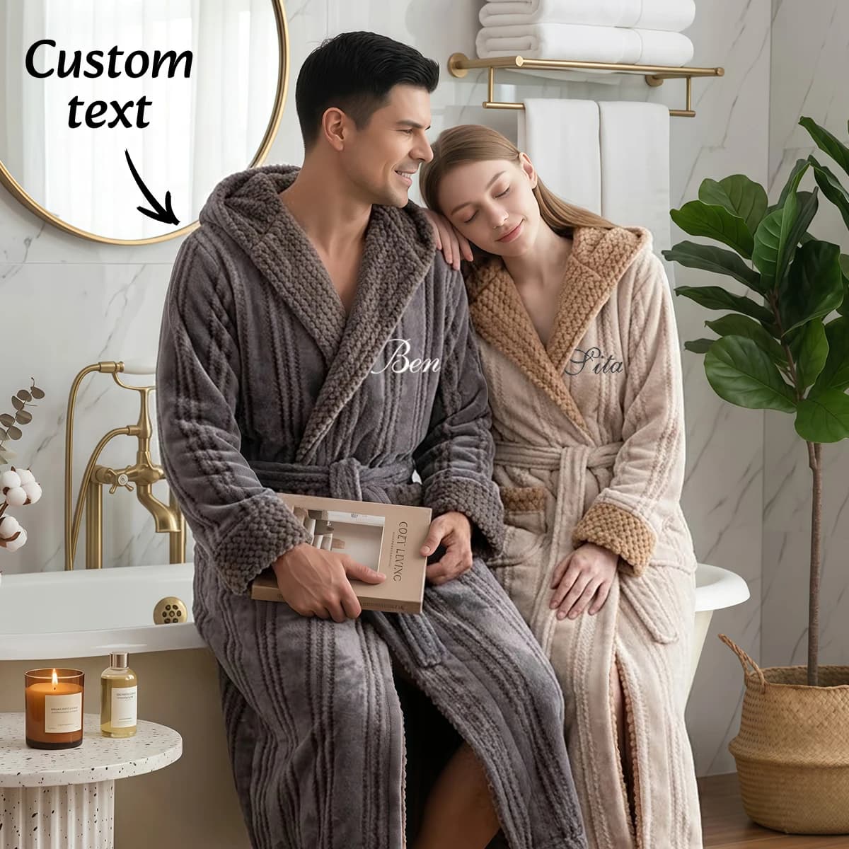 Personalized Striped Hooded Couple Bathrobes | Custom Name Embroidery Matching Robes | Two-Tone Fleece Sleepwear
