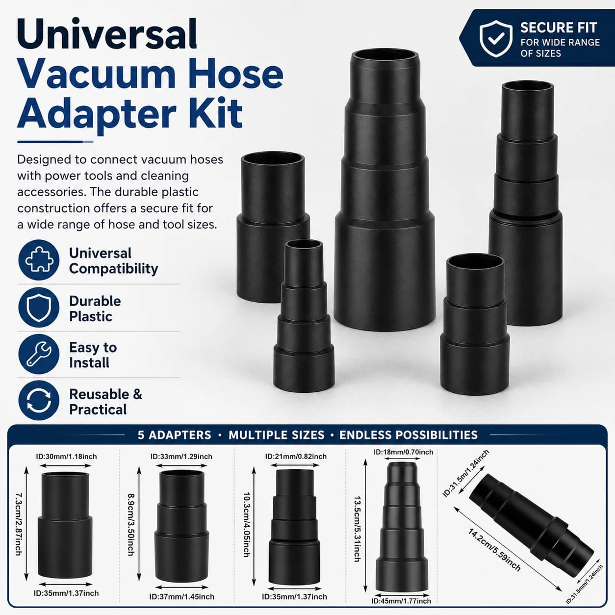 1-4Pcs 23-50mm Vacuum Hose Adapter, Universal Tube Converter for Wet/Dry Vacuum Cleaners, Power Tool Dust Extractor Connector