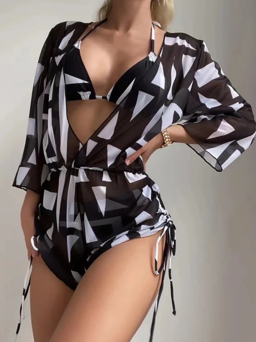 Costume da bagno bikini con stampa tropicale a 3 pezzi Costume da bagno con coulisse laterale Costume da bagno da donna a maniche lunghe Costume da bagno da bagno femminile