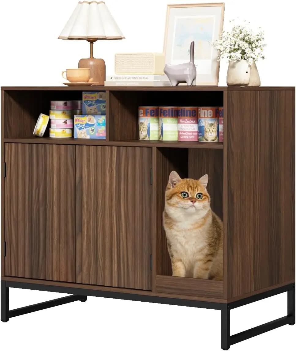 Mobiletto per lettiera per gatti, grande armadio contenitore per animali domestici con ante scanalate a onda e tappetino antigraffio, in legno moderno