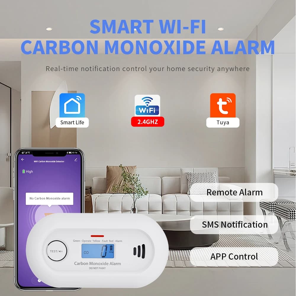 Allarme WiFi Smart Monossido di Carbonio, Rilevatore WiFi CO Allarme CO con App Tuya, Batteria con Durata di 10 Anni, Display LCD CE EN 50291
