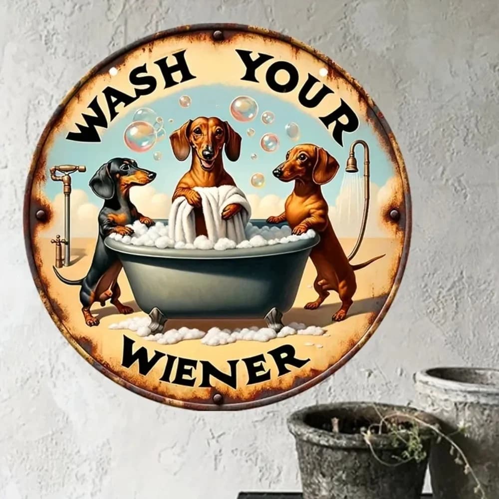 VintagePupCharm "Wash Your Wiener" Dachshund Aluminum Sign - Vintage Style Gift for Dog Lovers & Female Owners