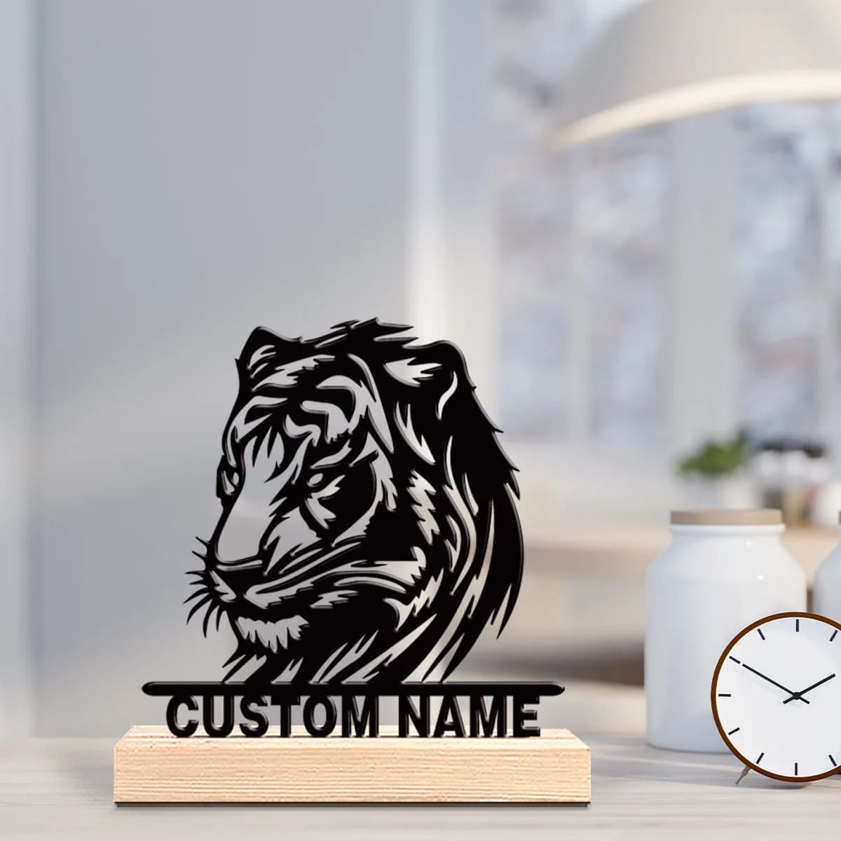 Statua in Metallo Personalizzata a Forma di Tigre con Base in Legno, Decorazione da Tavolo, Scultura Intricata con Base in Legno