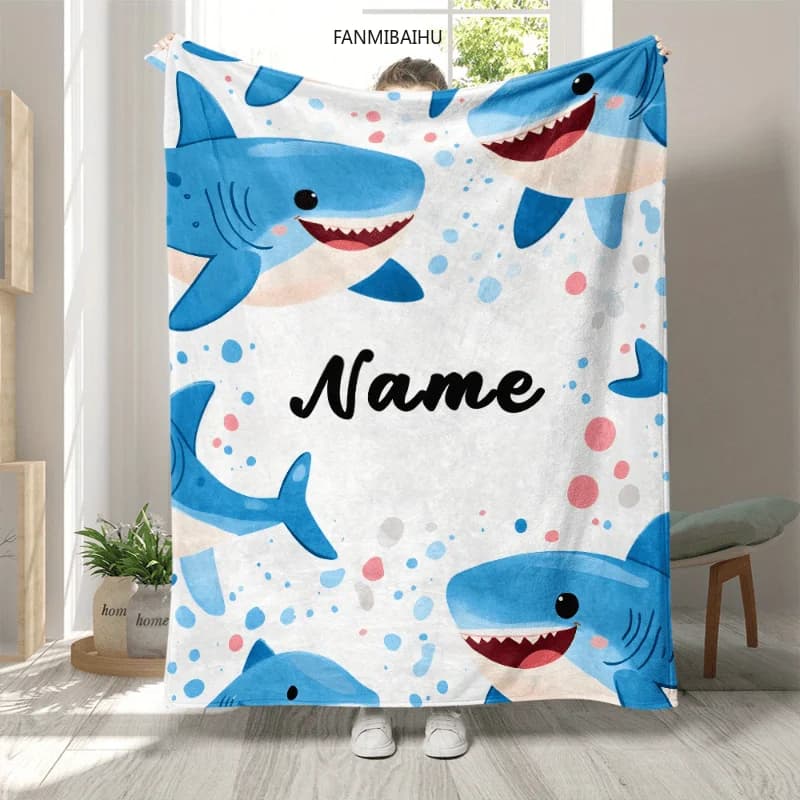 Fashion style custom name cartoon shark print flannel blanket all season knitted polyester bedding, lightweight, soft, warm