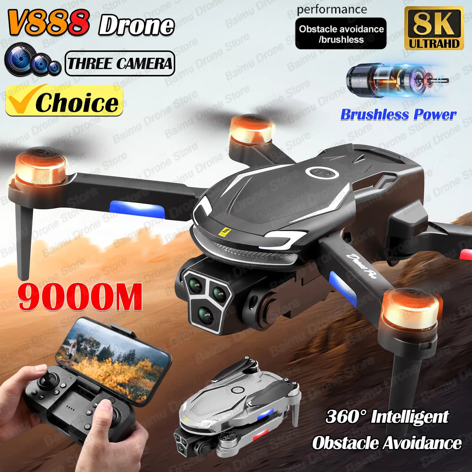 Nuovo V888 Brushless Drone 8K Professionale HD Tripla Fotocamera Evitamento Ostacoli Nessun GPS Flusso Ottico Posizionamento RC Quadcopter Giocattoli