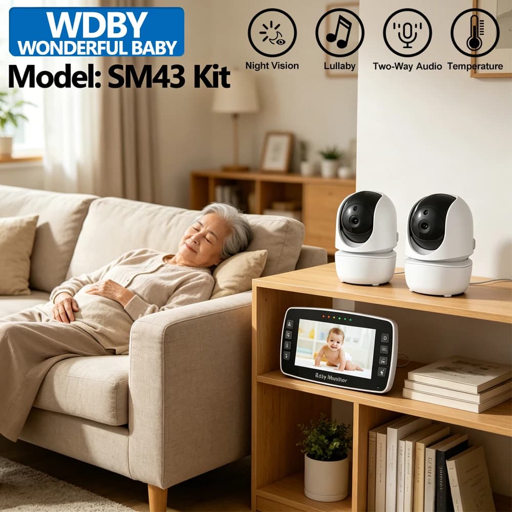 Monitor Video Wireless per Bambini da 4,3 Pollici con 2 Telecamere, Zoom Digitale 4X, Visione Notturna, Audio Bidirezionale, Ninna Nanna, Telecamera per Bambini per Genitori