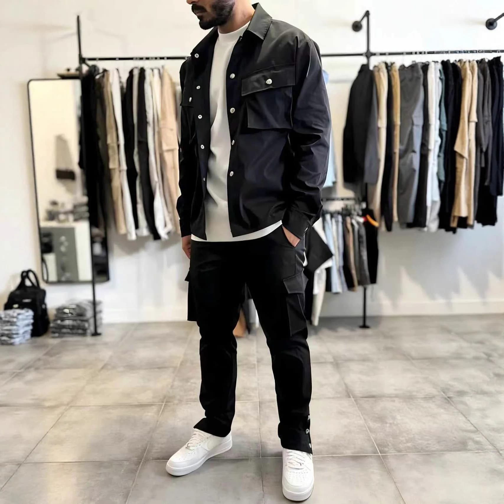 Fashion Men's Casual Tooling Multi-Pocket Long Sleeve Jacket Pants Set