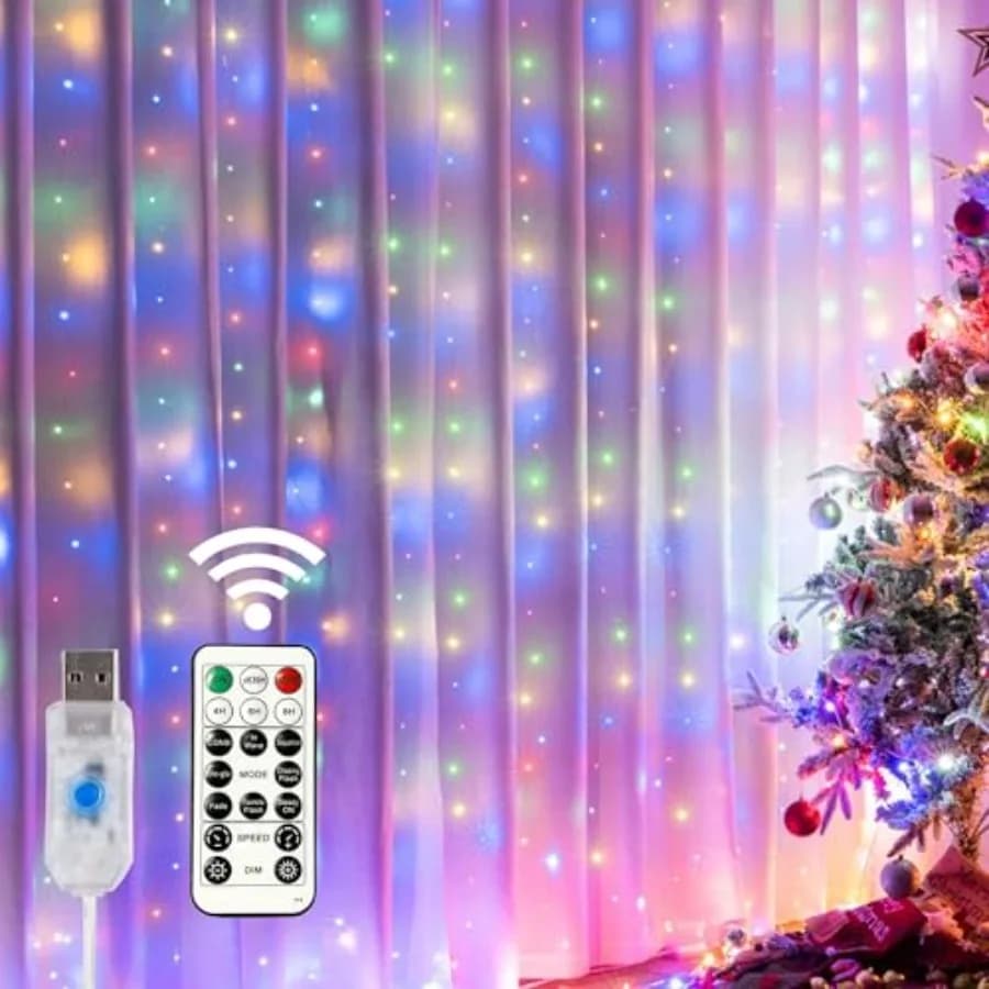 Window Curtain String Lights, 300 LED 8 Lighting Modes Fairy Copper Light with Remote, USB Powered Waterproof for Christmas Bed