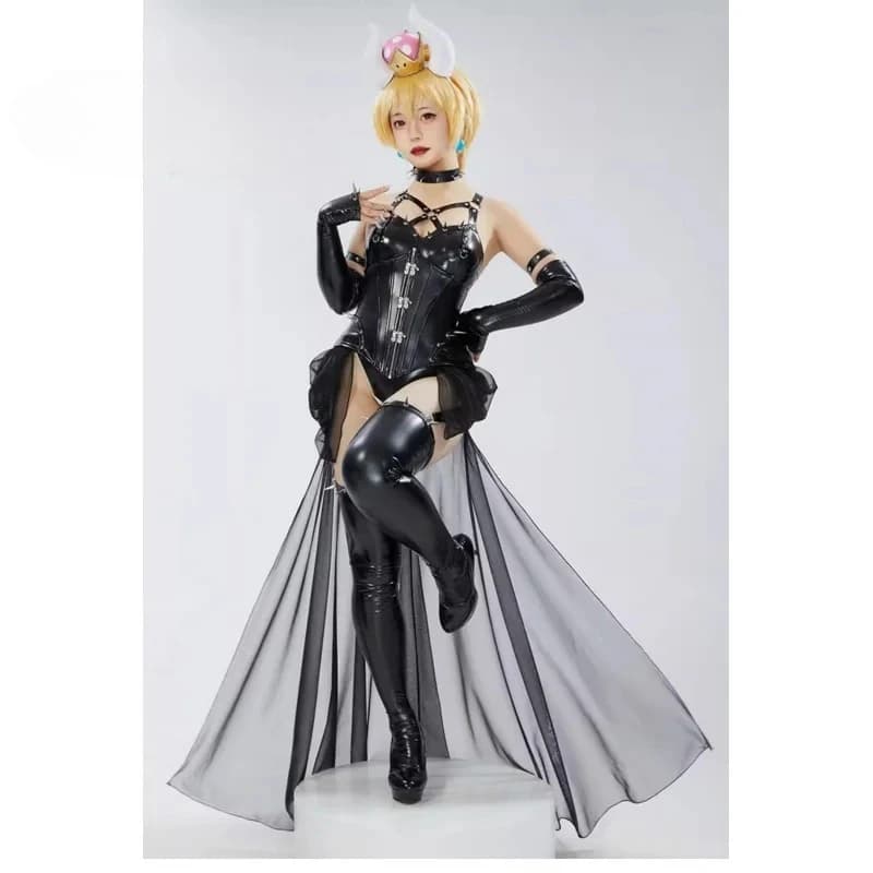 Bowsette Costume Cosplay Anime Marios Femmina adulta sexy tuta in pelle nera fascia per capelli collana set uniforme di Halloween
