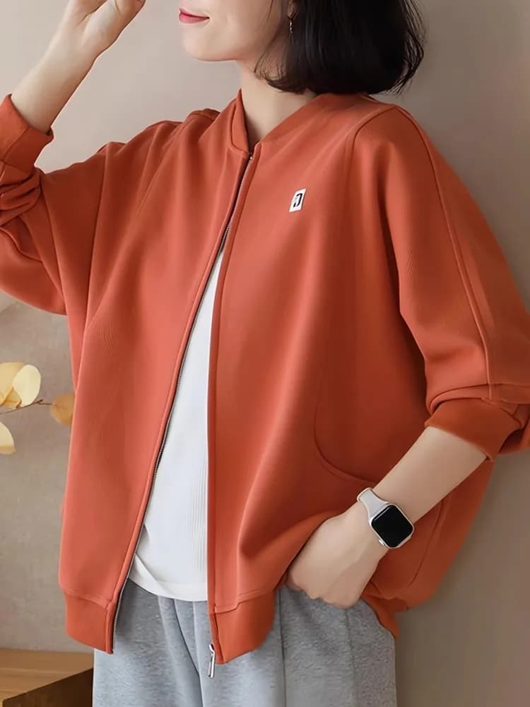 Loose Fit Pure Cotton Long Sleeve Jacket Women's Casual Style Zipper Closure Comfortable Warmth Ball Game Top Trendy