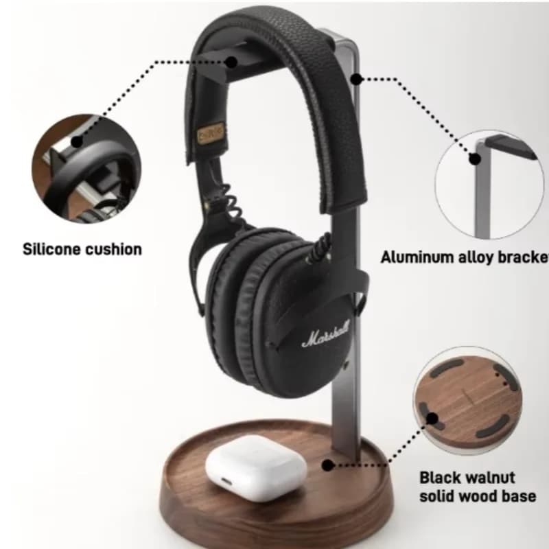 Supporto per cuffie in legno Supporto per cuffie da gioco per e-sport Lega metallica con display per cuffie in noce nera Archiviazione da tavolo