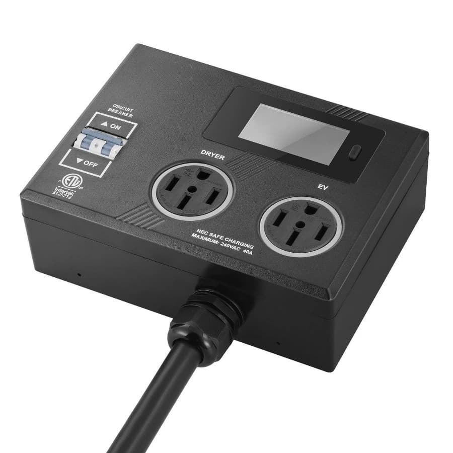 NEMA splitter for dryer and EV, 3 color LED indicator, 240 V intelligent power distribution, with NEMA 14-50 plug, two NEMA 14-50