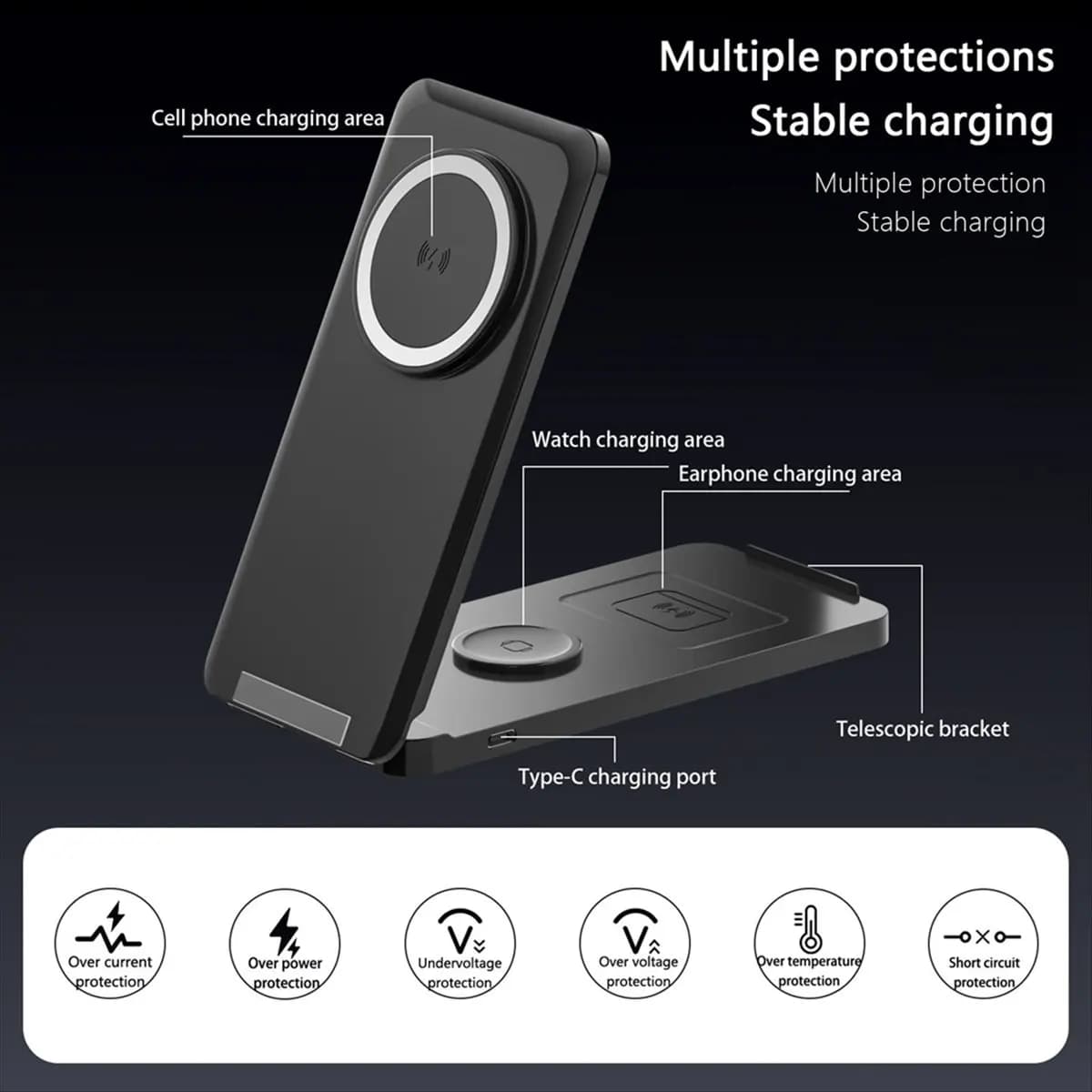 Caricatore Wireless Magnetico Pieghevole Multifunzione Verticale per Telefoni Cellulari, Orologi e Cuffie - Nero