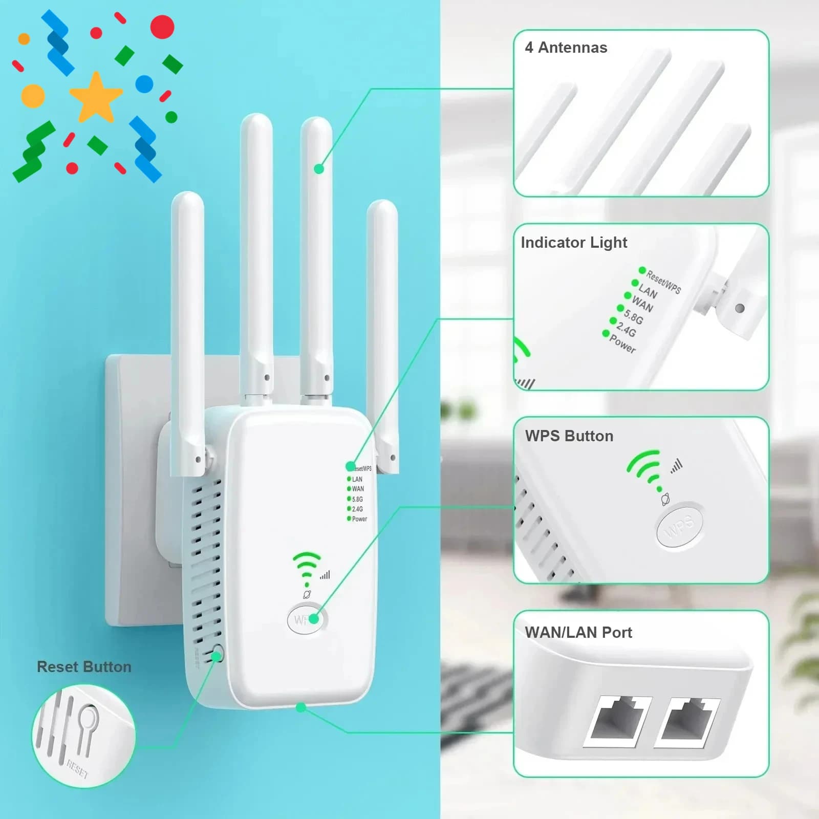 Nuovo ripetitore WiFi router wireless 1200Mbps, per uso home office Amplificatore di segnale WiFi 2.4G 5G, ripetitore WiFi, router esteso