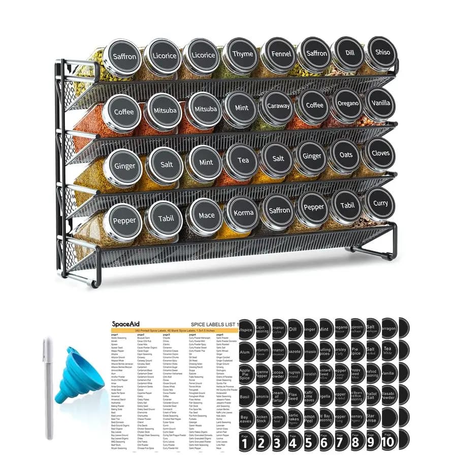 Organizzatore per Spezie con 32 Barattoli, 386 Etichette, Pennarello e Set Imbuto per Armadietto, Piano di Lavoro, Dispensa, Credenza