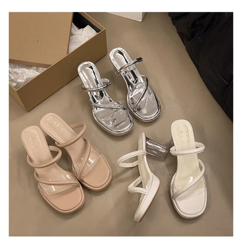 Estate Nuovo Temperamento di Moda Pantofole di Cristallo Open-toe Cintura da Donna Trasparente con Una Parola Capispalla Scarpe col Tacco Alto di Tendenza