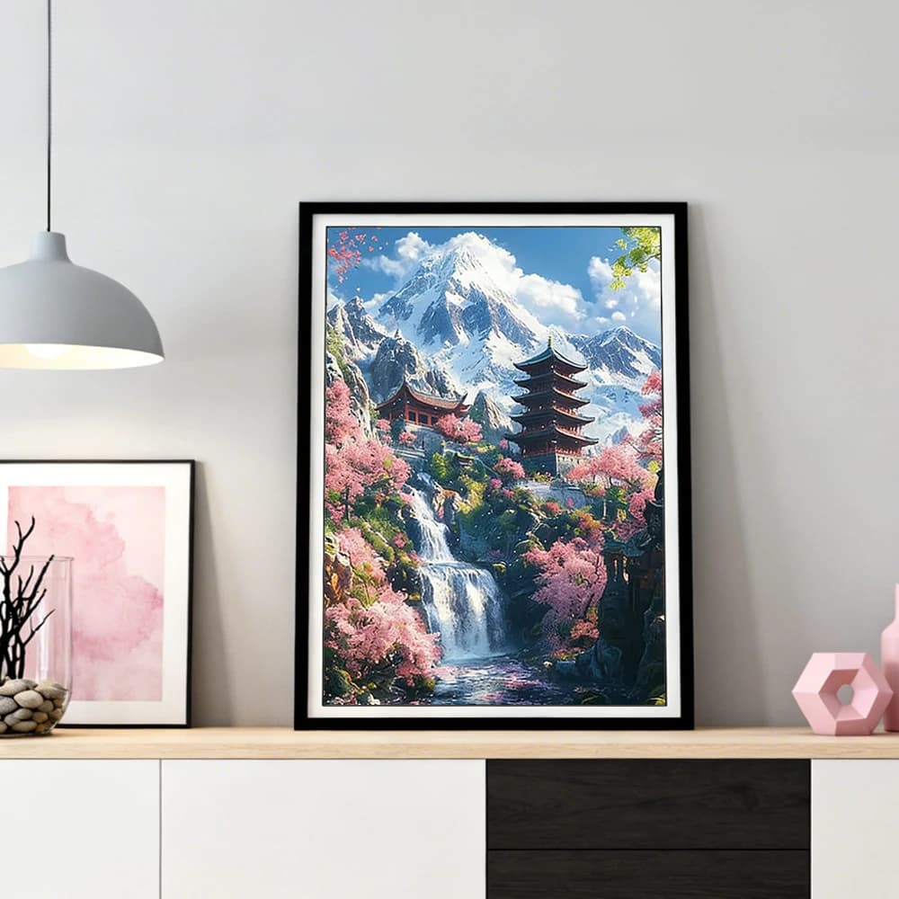 Offerta Pittura Diamante: Paesaggio Montano con Cascata, Mosaico Quadrato, Casa con Fiori di Ciliegio, Regalo Artigianale