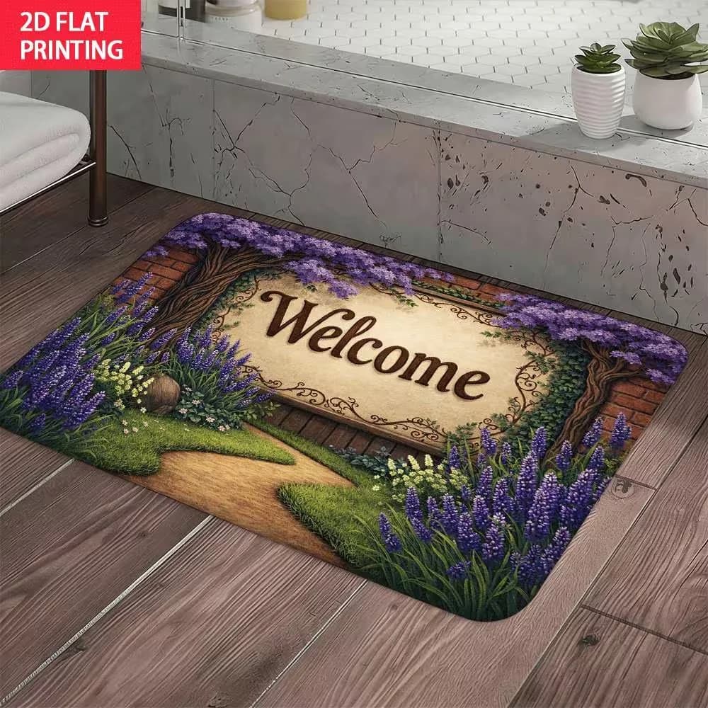Butterfly Welcome Entrance Door Mat Lavender Flower Floor Rug for Hallway Porch Home Decor Creative Area Garden Foot Pad